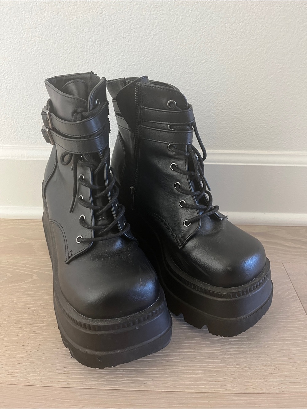 Demonia Black Chunky Platform Lace-Up Ankle Boots with Buckle Straps